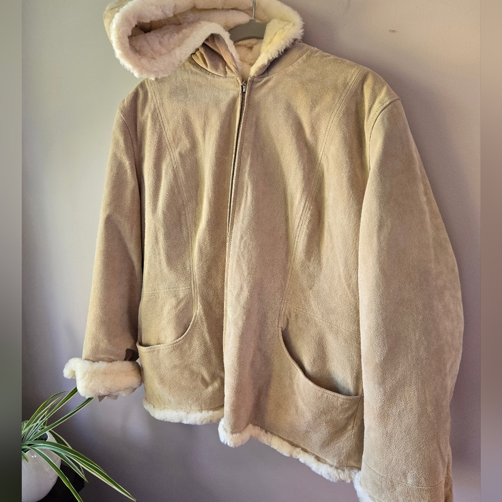 Hudson Place Genuine Suede Leather Hooded Shearling Jacket Tan Large - Picture 1 of 9